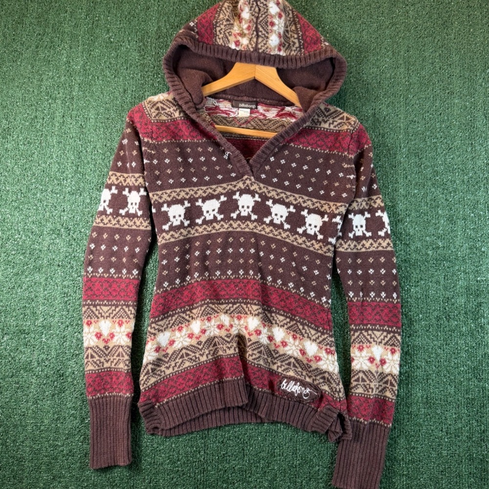 VTG Billabong Skull Fair Isle Hoodie Women Small Brown Good Knit Sweater
